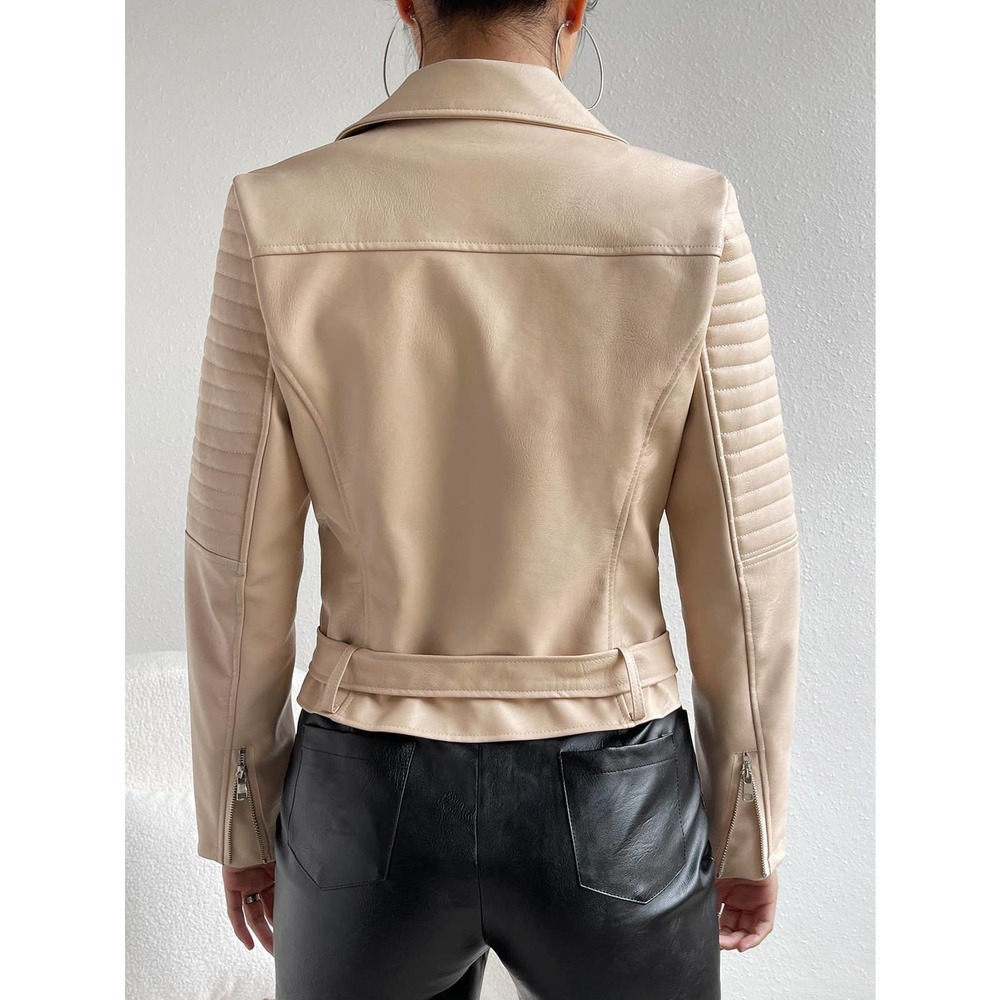 Lapel Collar Belted Zip Up vegan leather Moto Jacket white - Picture 8 of 11